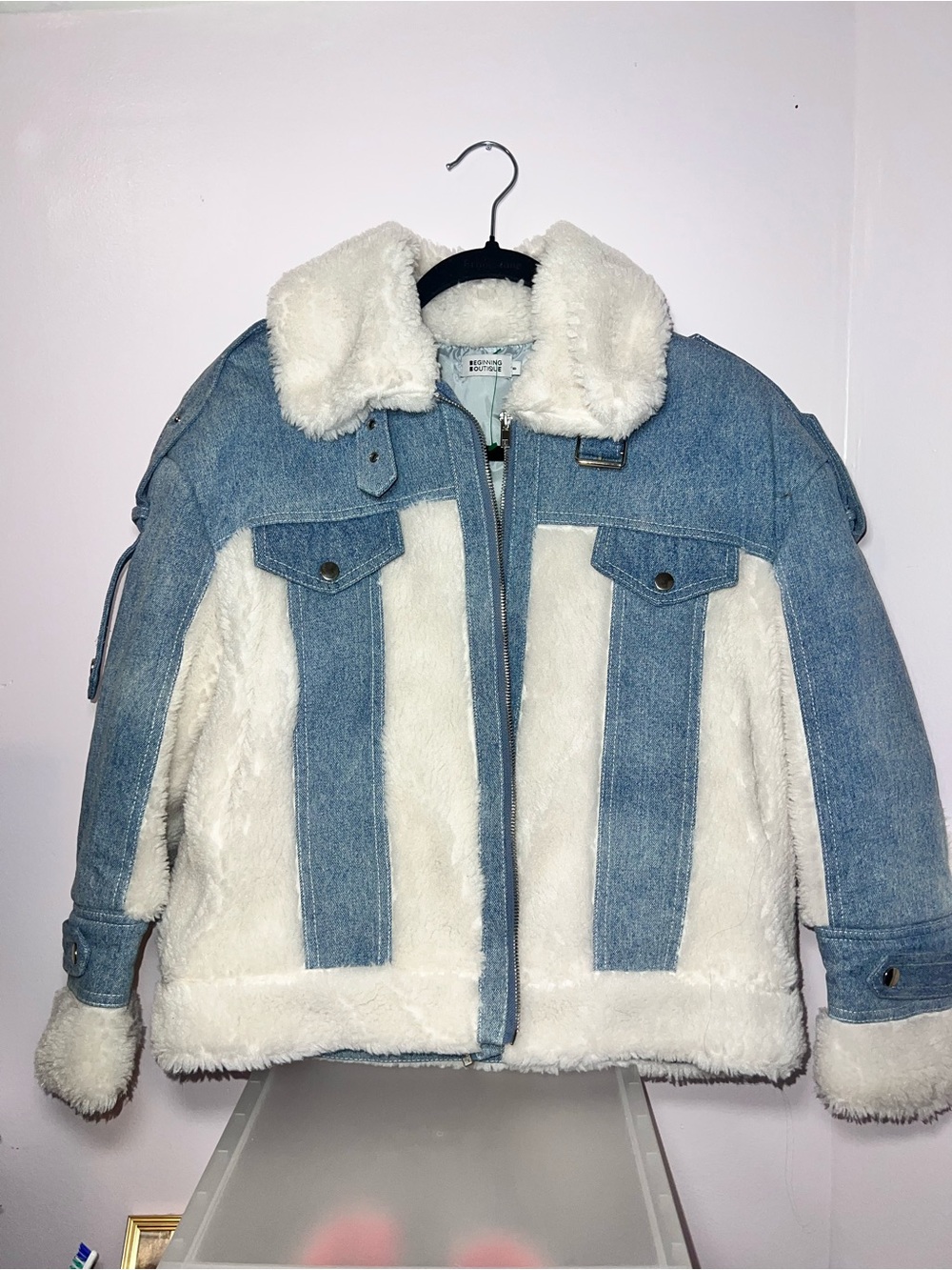 Beginning Boutique Light Blue Denim and White Sherpa Jacket